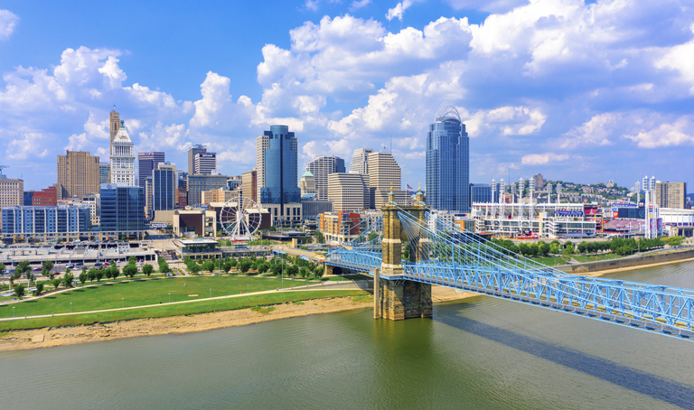 Cincinnati Ohio skyline with John Roebling bridge aerial view