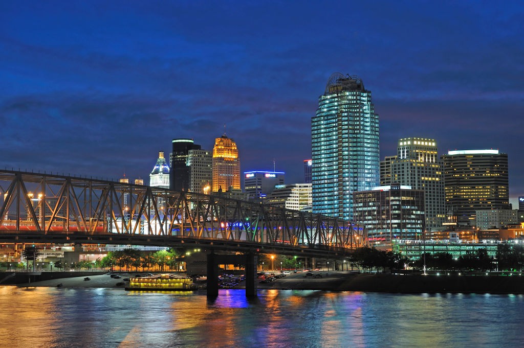Night view over Ohio River Bridge to Downtown Cincinnati