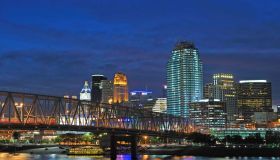 Night view over Ohio River Bridge to Downtown Cincinnati