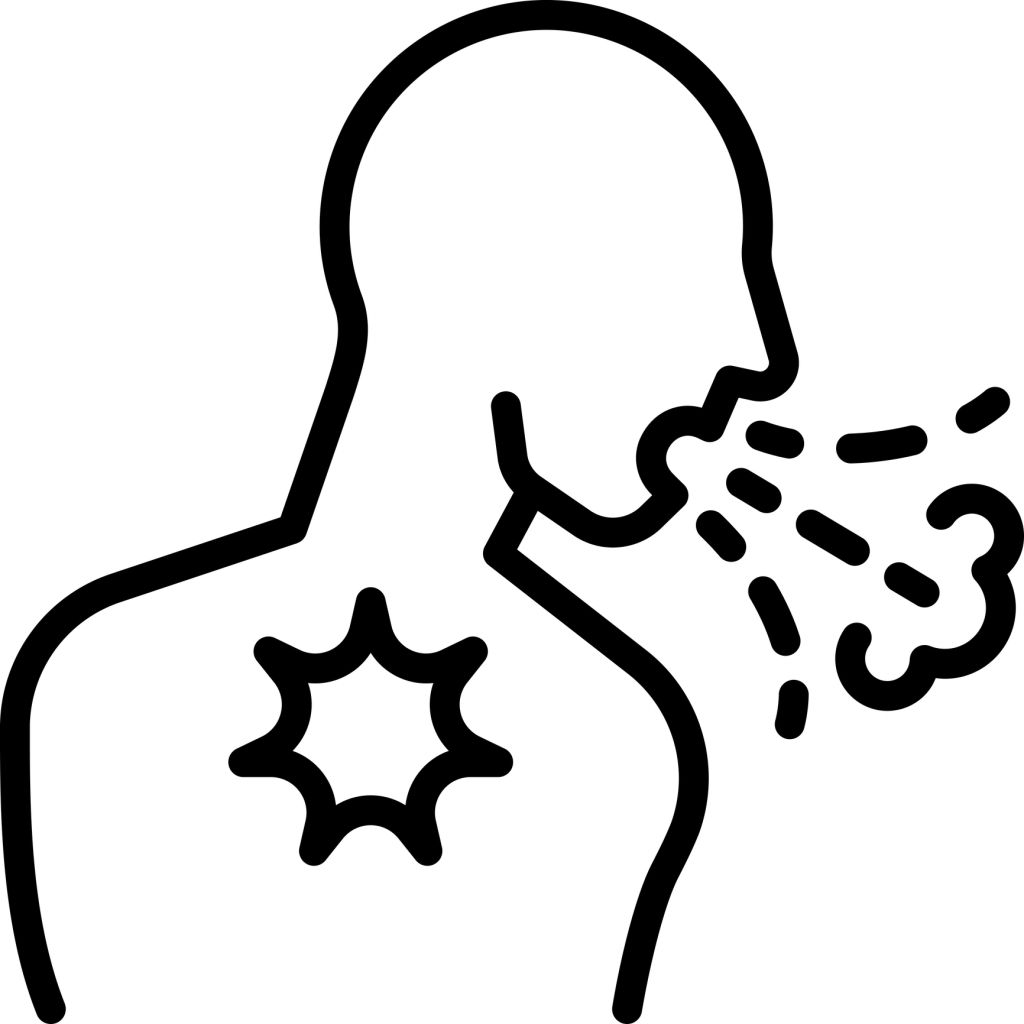 Man is coughing thin line icon. Cold, bronchitis, asthma, coronavirus. Symptom of flu. Modern vector illustration.