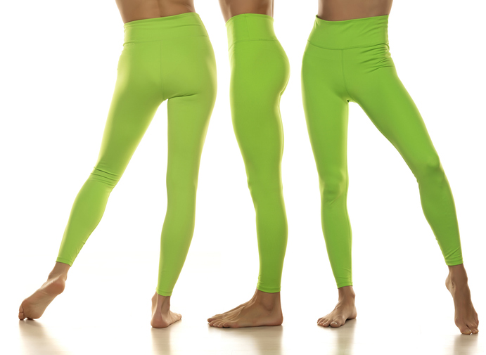 Collage of sporty green leggings on slim pretty bare legs on a white background