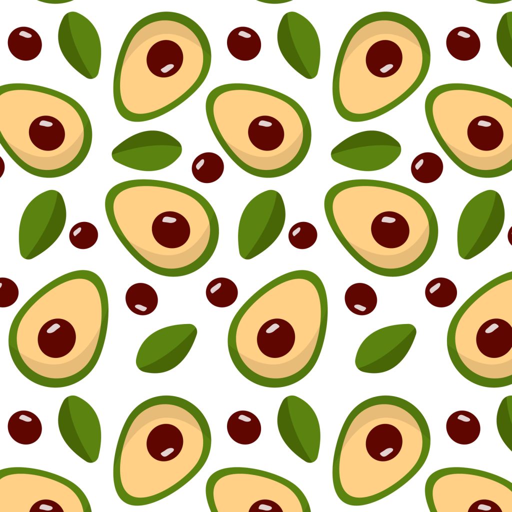 avocado pattern on a transparent background in the style of flat vector graphics, lemon and green leaves