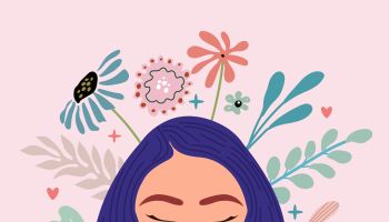 Happy woman feel confident, relax, accept and love herself. Healthy mentality and self care illustration. Vector illustration.
