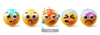 Emoji sick emoticon characters vector set. Emoticons emojis character with illness, flu, fever, colds, injured and nauseous face icon collection.