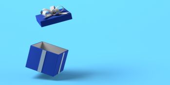 Blue open present box banner. Christmas. Gift. 3d illustration.